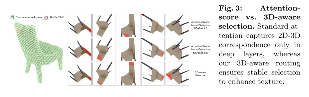 Fig. 3: 注意力得分驱动选择与 3D 感知路由对比